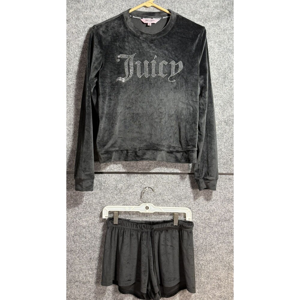 Juicy Couture Velour Tracksuit Set Womens Small Black Bling Hoodie Shorts